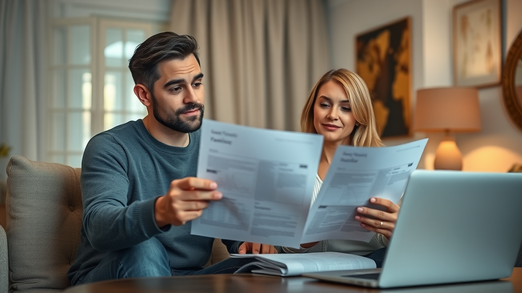Couple reviewing documents in living room, discussing future plans, Photorealistic High Fidelity Lifelike
