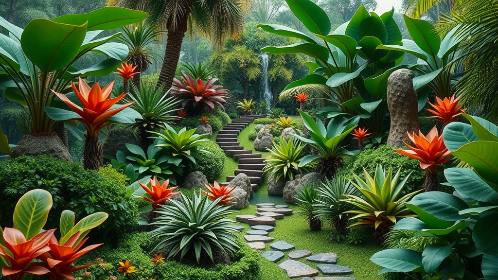 Balanced tropical garden landscape featuring diverse plant types with flowing paths and colorful hues.
