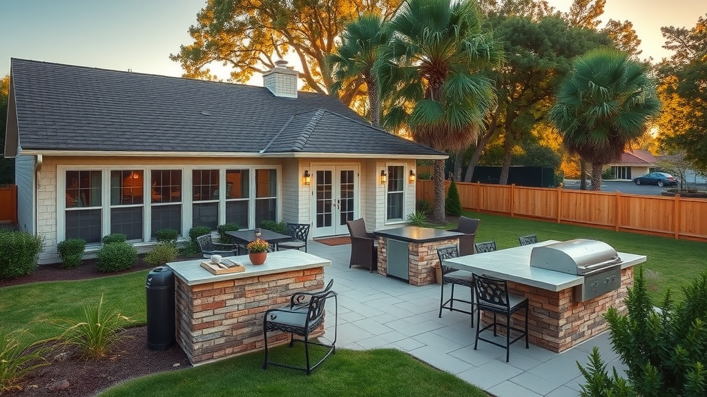 suburban home with outdoor kitchen, appreciating scenery, increasing property value, Photorealistic High Fidelity Lifelike, large backyard with mature trees, highly detailed, rich colors, golden hour lighting, shot with a 24mm lens