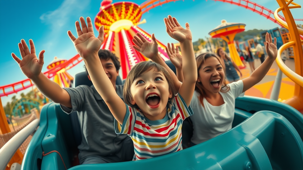 exciting roller coaster ride, family thrilled, hands in the air