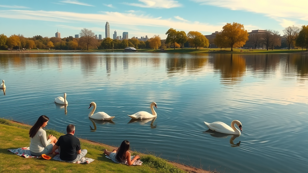 Scenic Lake Eola view with people picnicking