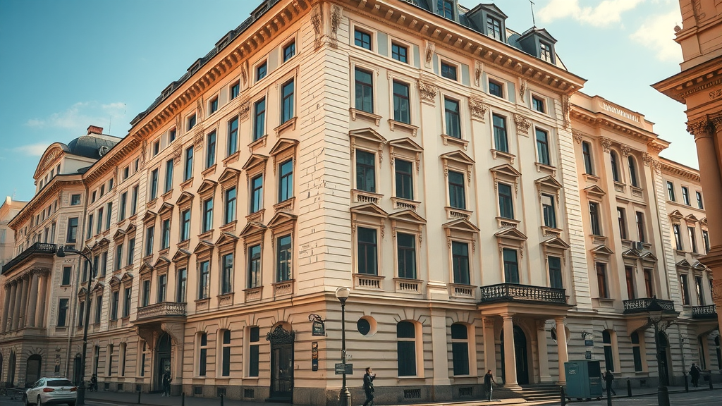 historic building in St Petersburg, inviting, offering tours, historic architectural detail, sunlit streets, classic architecture style, warm tones