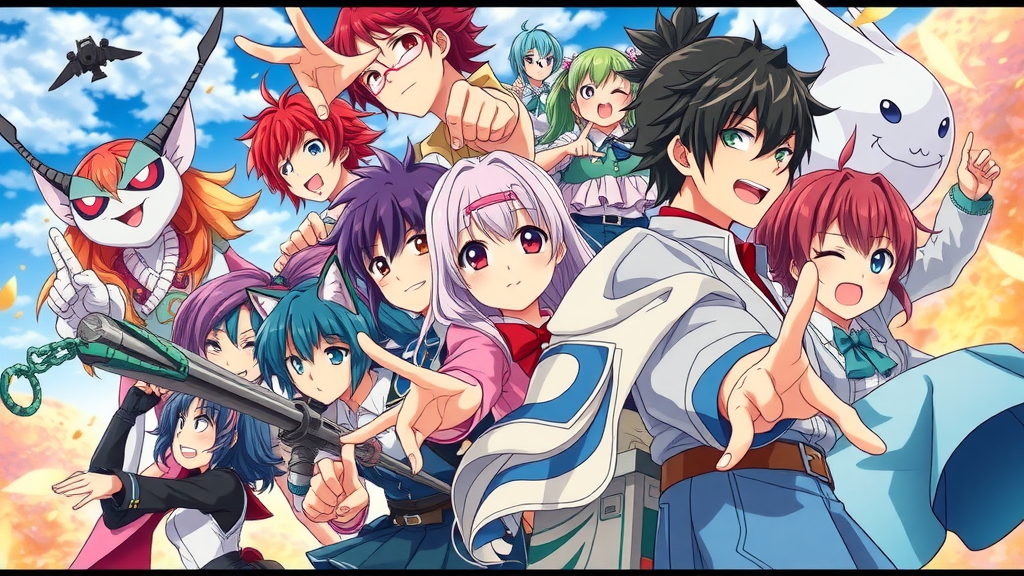 Captivating anime characters showcasing diverse genres and engaging in unique actions with a colorful and dynamic background.