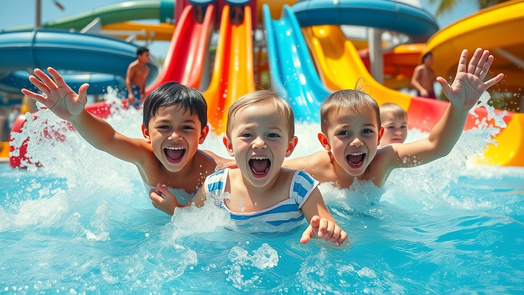 excited children enjoying thrilling water rides in a vibrant water park