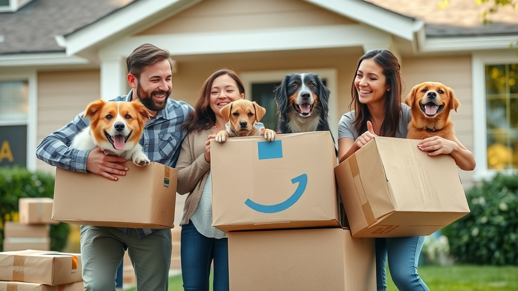 happy family with pets, joyfully preparing moving boxes, Photorealistic High Fidelity Lifelike, a suburban house background, highly detailed, natural interactions
