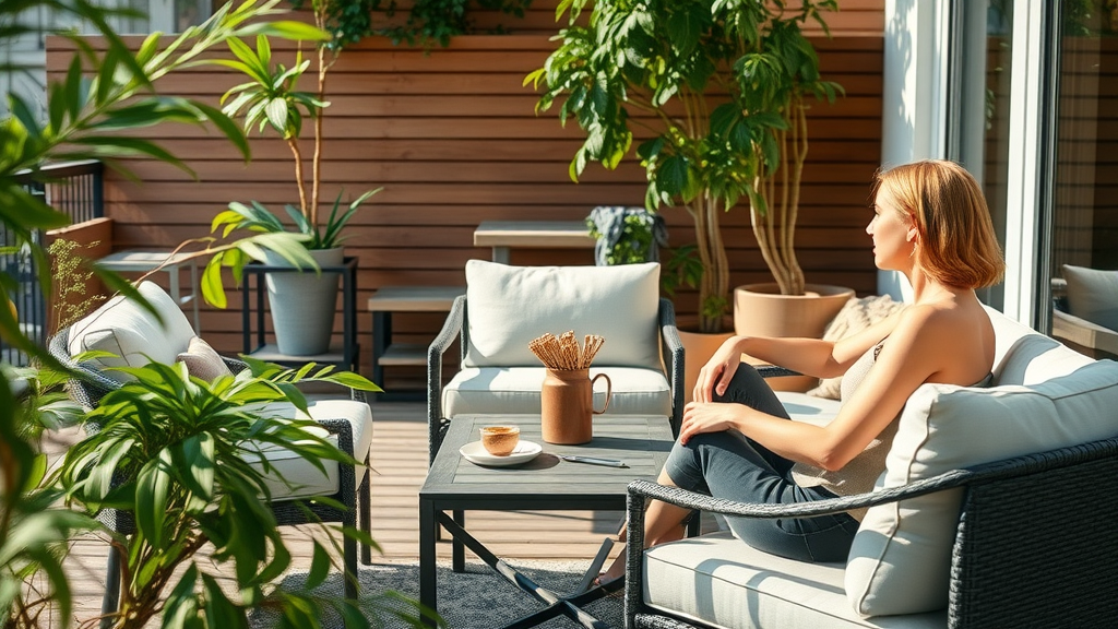 Modern patio setup in Florida with outdoor furniture and greenery, relaxed ambiance under afternoon shade.