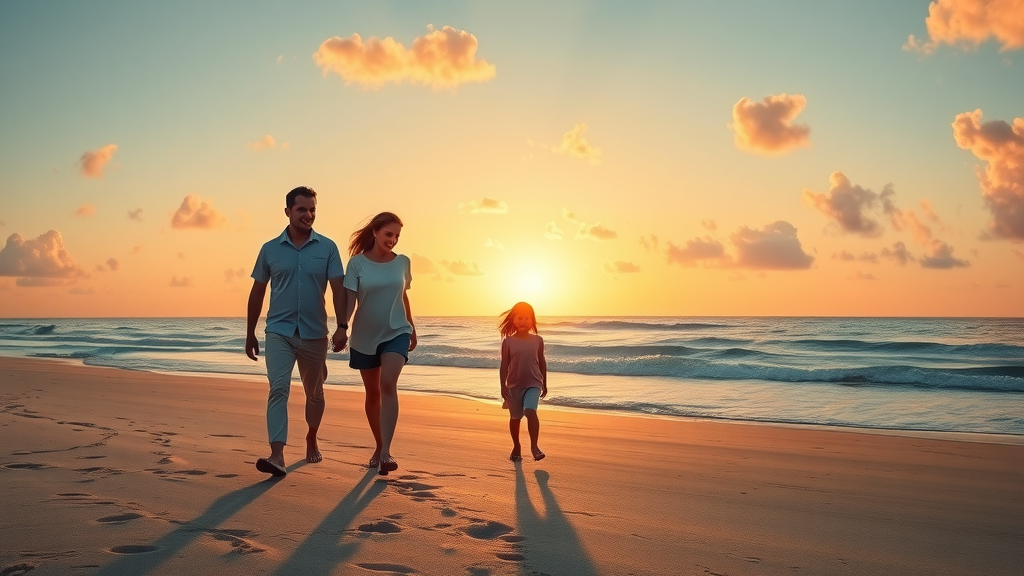 family enjoying sunset on Florida beach while walking together
