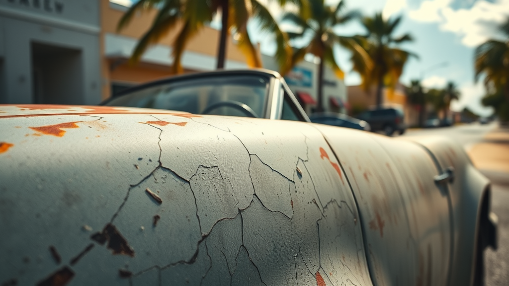 Sun-damaged car exterior in Delray Beach with cracked paint under bright sunlight