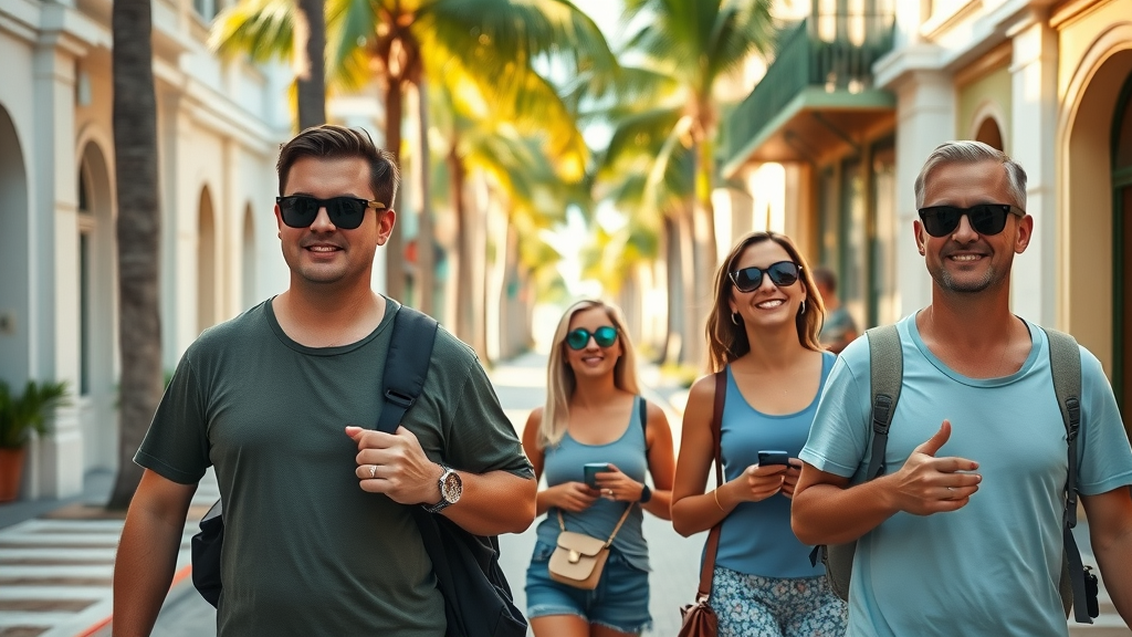 tourists exploring Key West, relaxed expressions, leisurely strolling, Photorealistic High Fidelity Lifelike, historic Key West street with palm trees, highly detailed, sunlit path, warm tones, ambient lighting, shot with a regular lens.