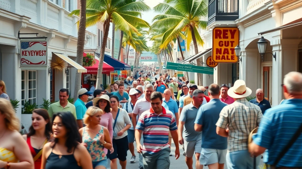 crowded Key West street during high season, bustling tourists, vibrant interactions, Photorealistic High Fidelity Lifelike, busy street with shops and cafes, highly detailed, movement blur, varied colors, natural lighting, shot with a zoom lens.