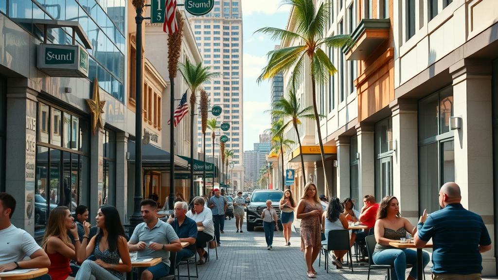 Bustling South Tampa streets with people engaging in outdoor cafes and vibrant energy
