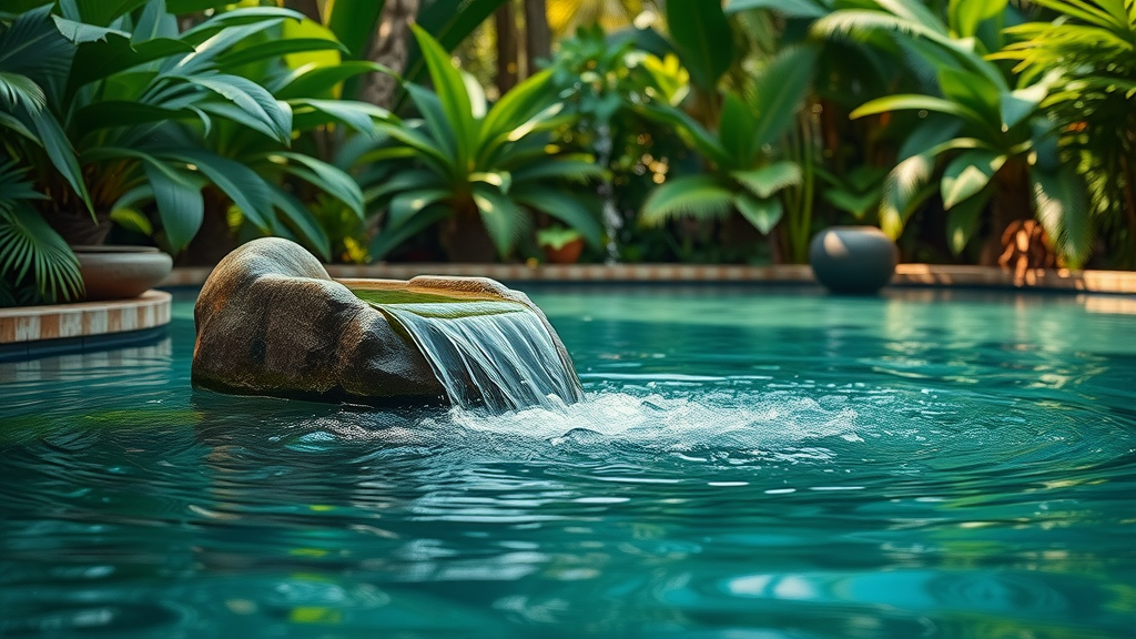 Tranquil water feature in a tropical garden with cascading water and dense foliage.