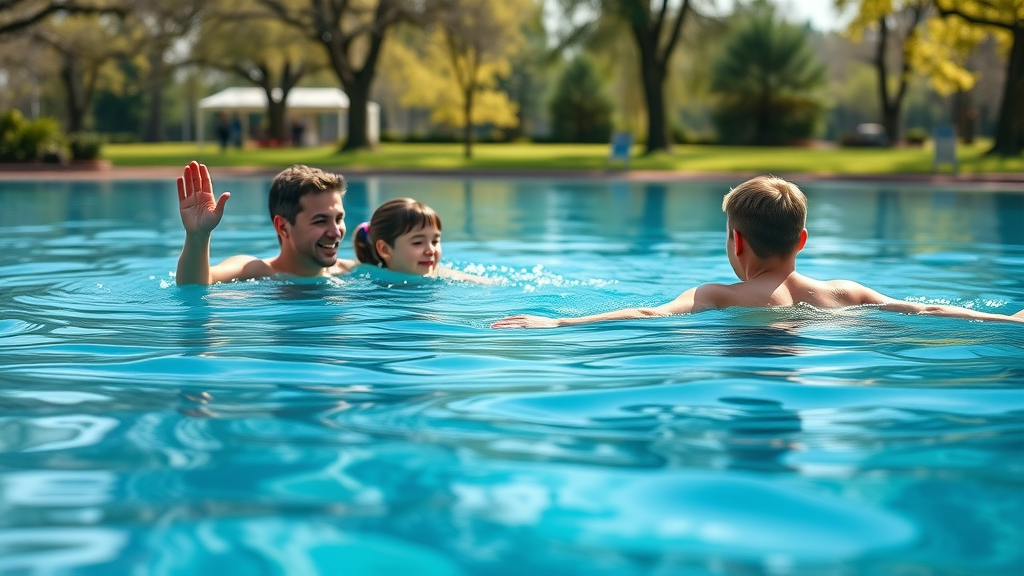 tranquil spring scene, family swimming, marveling at water views