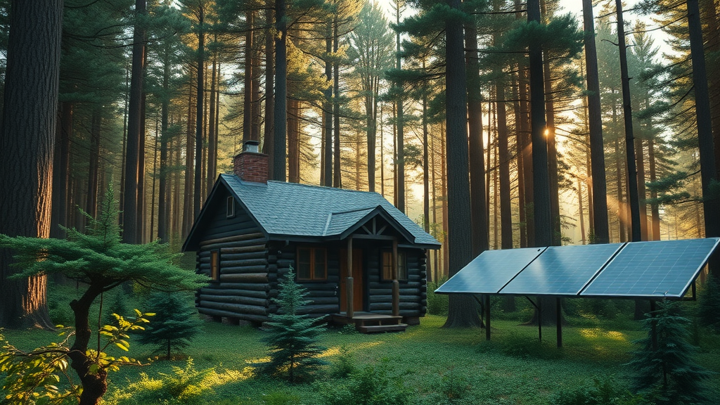 Rustic cabin in dense forest surrounded by solar panels