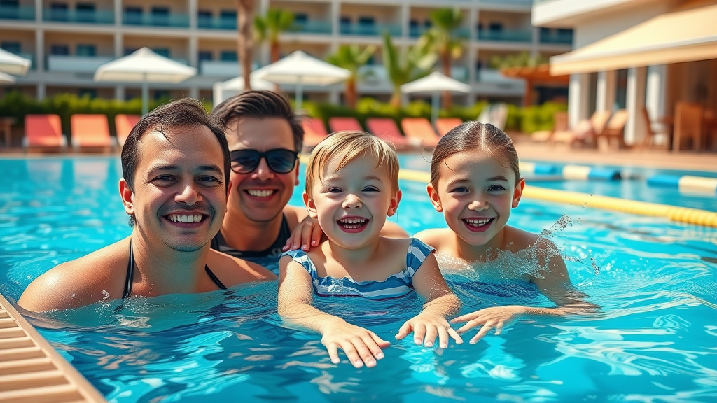 happy family at a resort pool smiling and swimming
