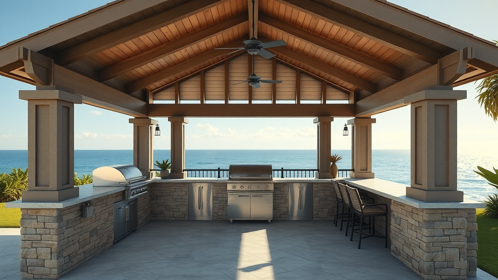 Stylish covered outdoor kitchen with ocean view, featuring built-in grill