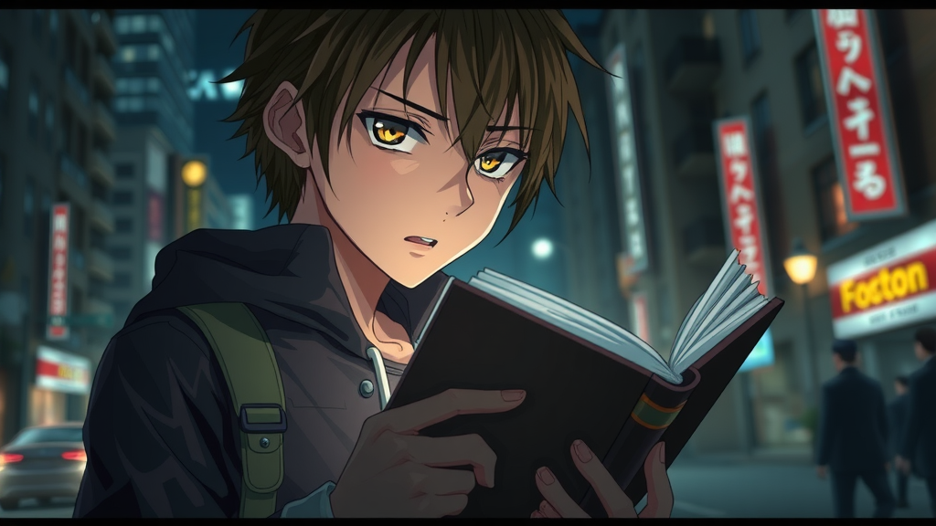 Intriguing anime character holding a mysterious notebook, deep in concentration against an urban cityscape at night.