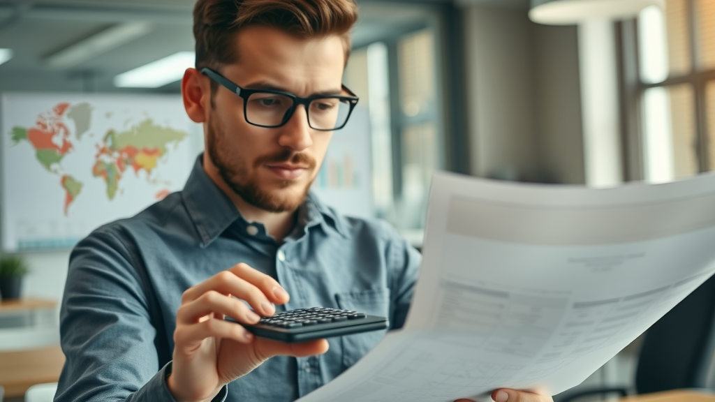 Calculator and blueprint, calculating costs, office setting with charts and plans, Port Charlotte.