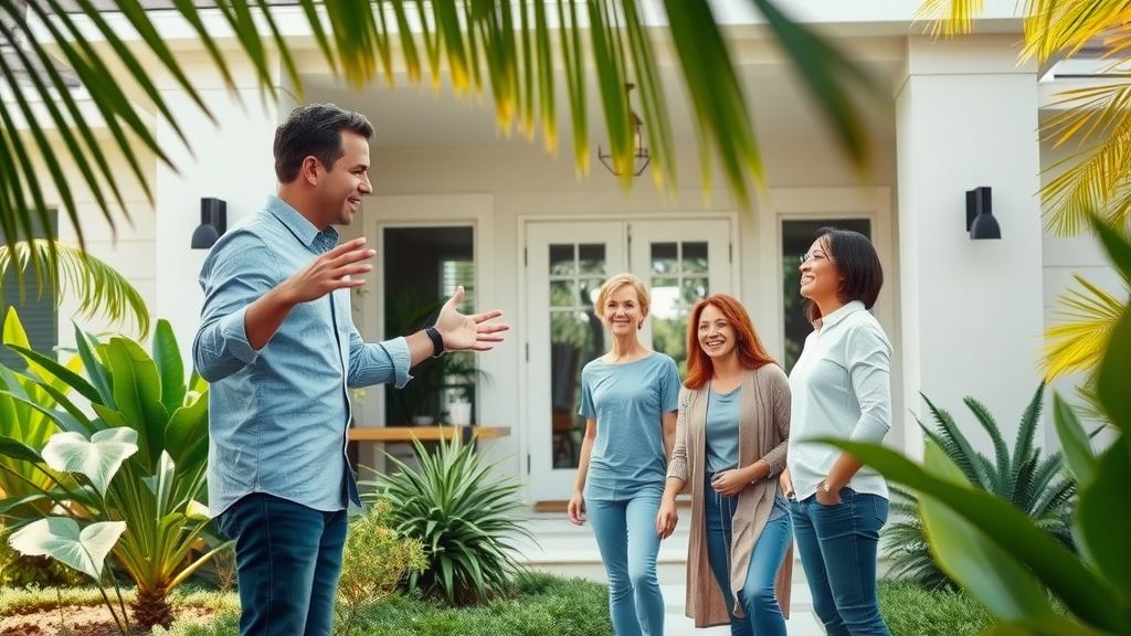 real estate palm beach county: agent showing family a modern Florida home with vibrant yard and tropical plants