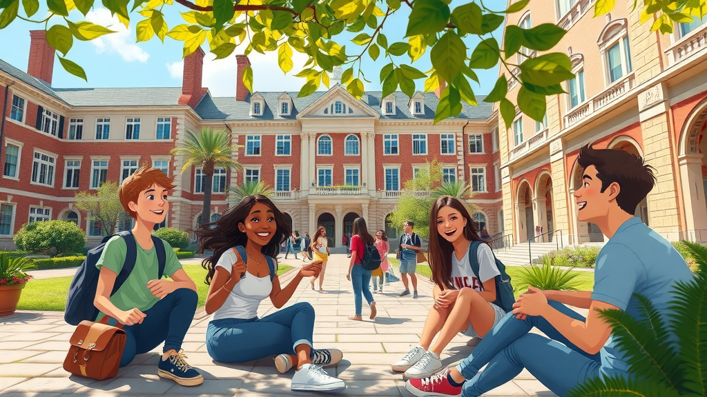 A bustling college town courtyard in Gainesville with students relaxing