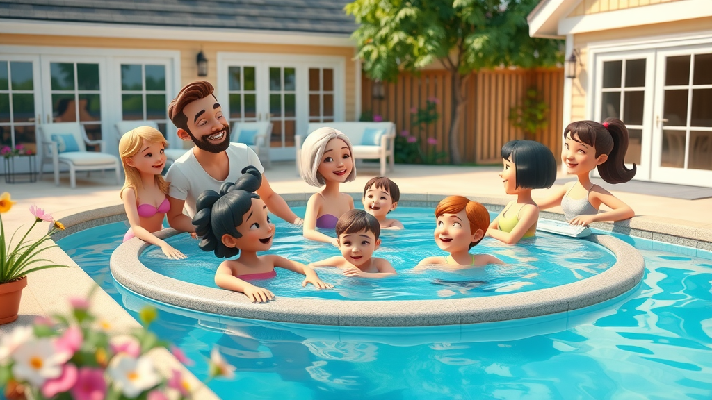 family enjoying a pool home backyard