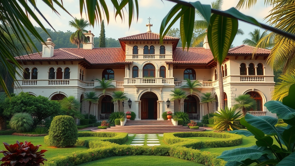 majestic hacienda-style mansion surrounded by tropical flora