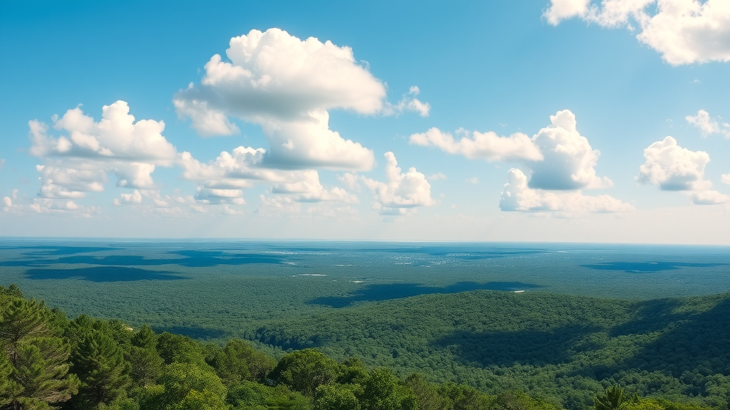 panoramic view of North Central Florida, gentle hills, distant towns and lush greenery under blue sky, illustrating low flood risk