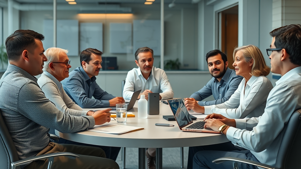 Roundtable discussion, serious atmosphere, with experts talking passionately