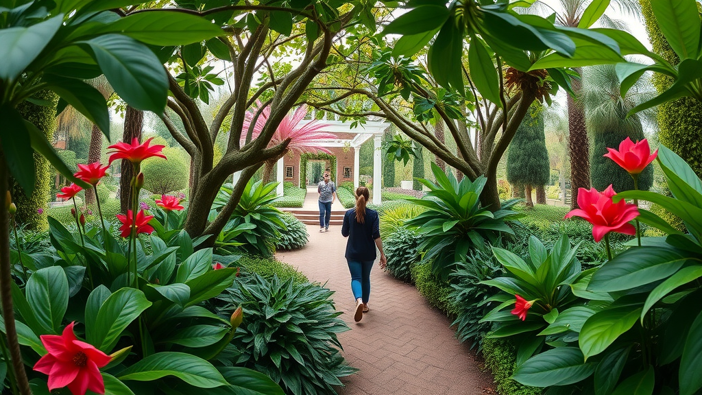 Naples Botanical Garden scene, enchanting, taking a leisurely stroll, lush flora with vibrant colors, highly detailed, gentle breeze through leaves, deep greens and floral hues, diffused natural lighting, shot with a fisheye lens.
