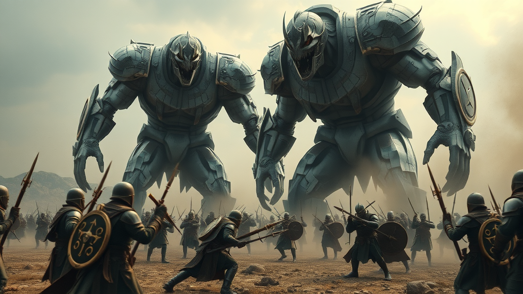 Dramatic scene with giant titans and determined soldiers engaging in an epic confrontation on a desolate battlefield.