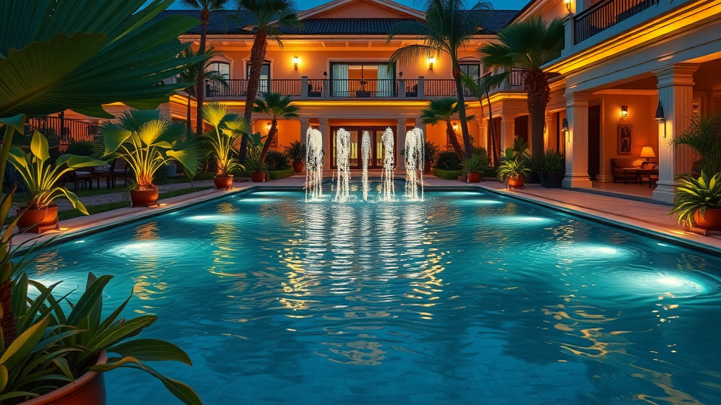 Luxurious tropical water feature with elegant design, surrounded by exotic plants and ambient lighting.