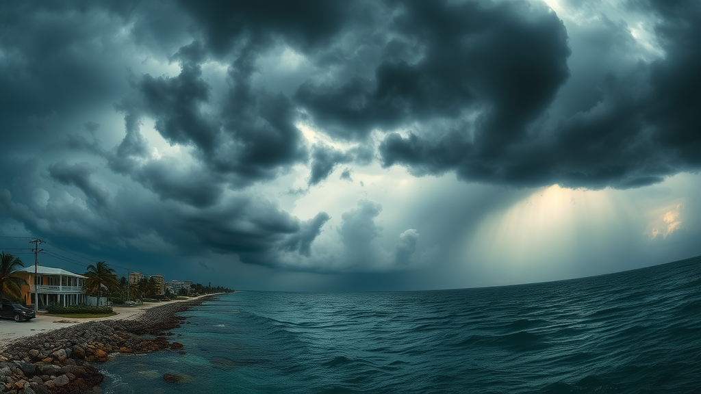 stormy Key West scene, intense atmosphere, approaching storm clouds, Horror, dramatic coastal landscape, highly detailed, fierce rain, contrasting dark and bright colors, moody lighting, shot with an ultra-wide-angle lens.