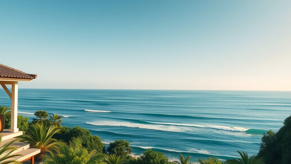 luxury bungalow, peaceful ocean view, gentle waves and clear sky