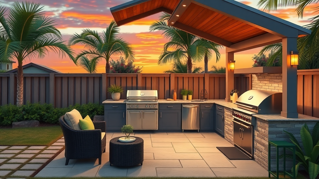 Luxurious backyard transformation with a custom outdoor kitchen and tropical sunset
