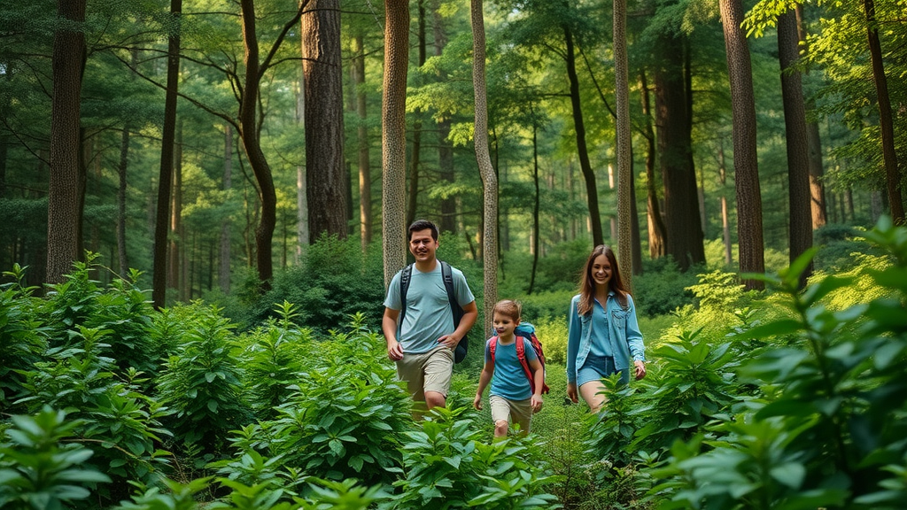 lush forest landscape, family hiking, enjoying nature
