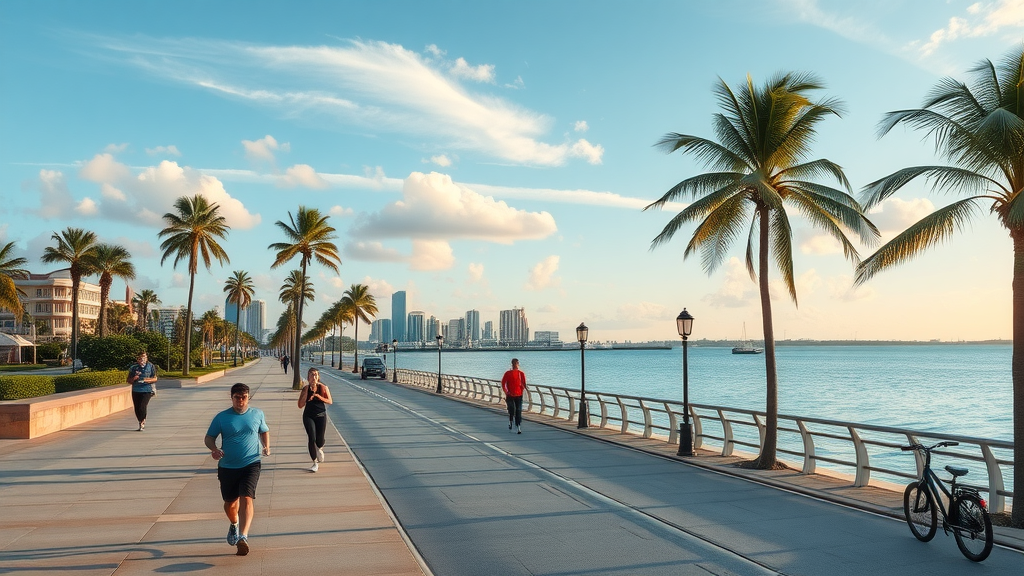 Picturesque Bayshore Boulevard with joggers and bikers along expansive waterfront view