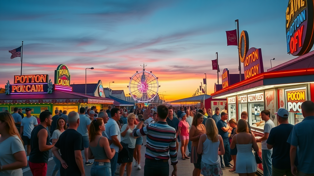Crowd enjoying treats and magic at sunset during Disney’s Boardwalk Night Experience