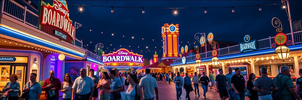 Disney’s Boardwalk night experience with glowing lights and lively waterfront crowd.