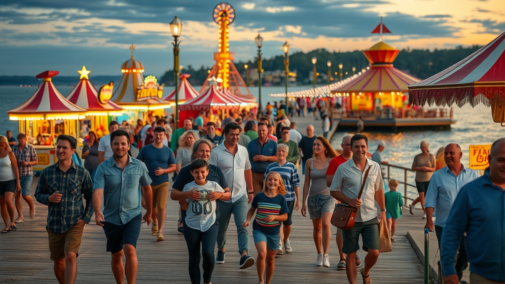Vibrant boardwalk night with joyful crowd and street performers at Disney’s Boardwalk Night Experience